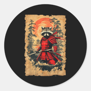 Japanese Samurai Raccoon Warrior Vintage Style Gra Classic Round Sticker