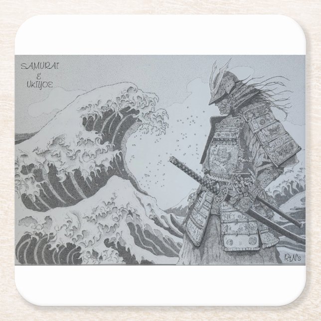 Japanese　samurai&ukiyoe original art square paper coaster (Front)