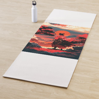 Japanese samurai warrior and retro sunset yoga mat