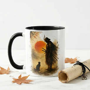  Japanese Samurai Warrior & Black Cat Coffee  Mug