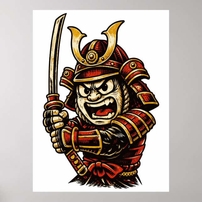 Japanese Samurai Warrior Red Armor Cartoon Art Poster (Front)