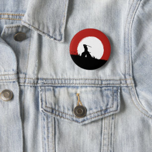 Japanese Samurai Warrior Silhouette Sun Button Pin