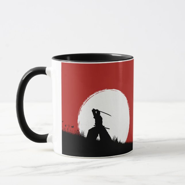 Japanese Samurai Warrior Silhouette Sun Coffee Mug (Left)