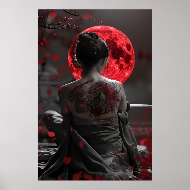 Japanese samurai woman with tattoo under full moon poster (Front)
