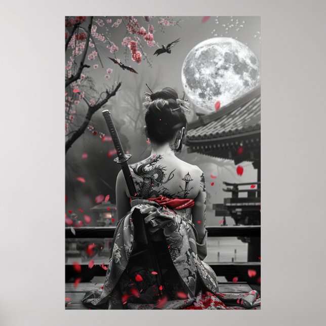Japanese samurai woman with tattoo under full moon poster (Front)
