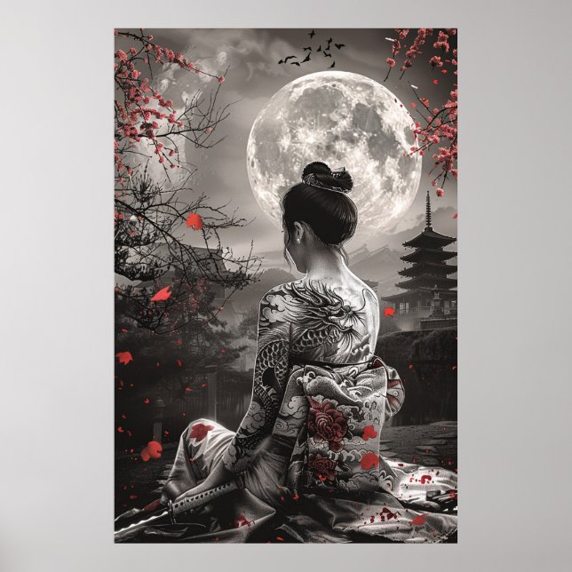 Japanese samurai woman with tattoo under full moon poster (Front)