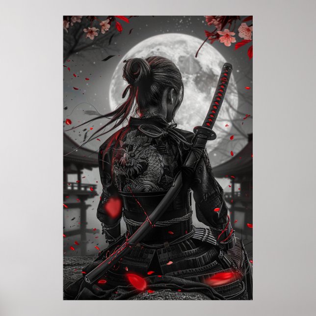 Japanese samurai woman with tattoo under full moon poster (Front)
