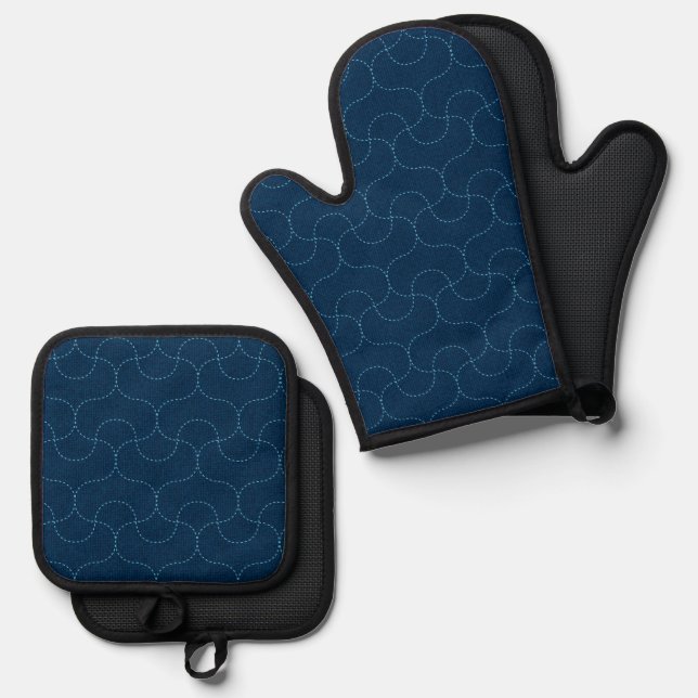 Japanese Sashiko Pattern Oven Mitt & Pot Holder Set (Front/Back)