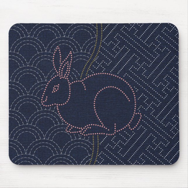Japanese sashiko rabbit 2 mouse mat (Front)