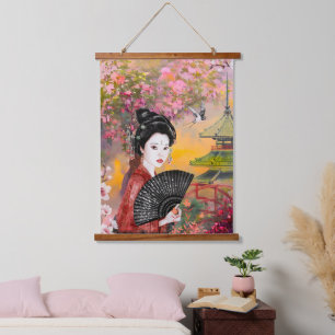 Japanese Scene With A Woman Hanging Tapestry
