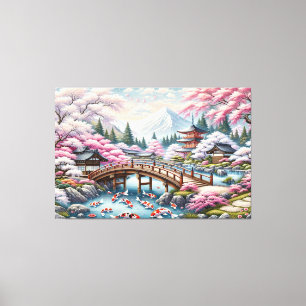 Japanese Scenery with Bridge, Koi and Sakura trees Canvas Print