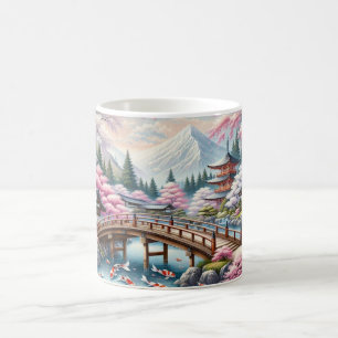 Japanese Scenery with Bridge, Koi and Sakura trees Coffee Mug