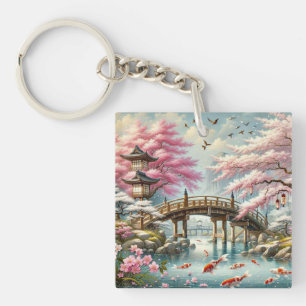 Japanese Scenery with Bridge, Koi and Sakura trees Key Ring