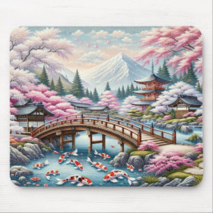 Japanese Scenery with Bridge, Koi and Sakura trees Mouse Mat