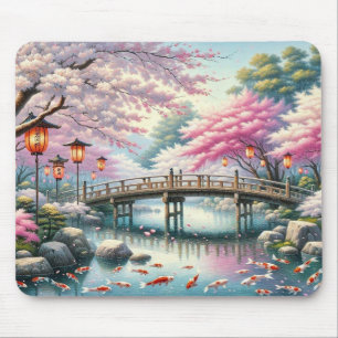 Japanese Scenery with Bridge, Koi and Sakura trees Mouse Mat