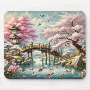 Japanese Scenery with Bridge, Koi and Sakura trees Mouse Mat