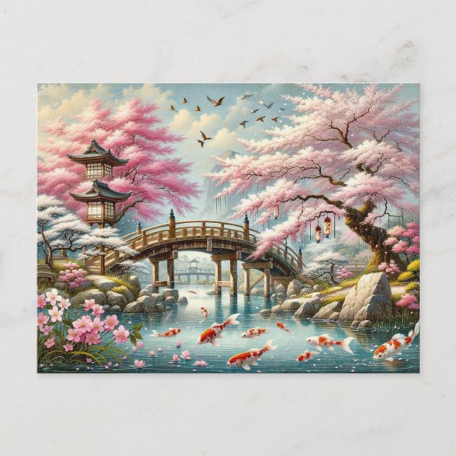 Japanese Scenery with Bridge, Koi and Sakura trees Postcard (Front)
