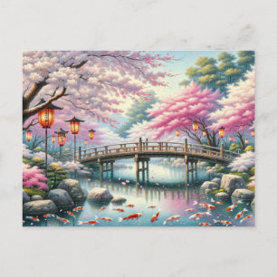 Japanese Scenery with Bridge, Koi and Sakura trees Postcard