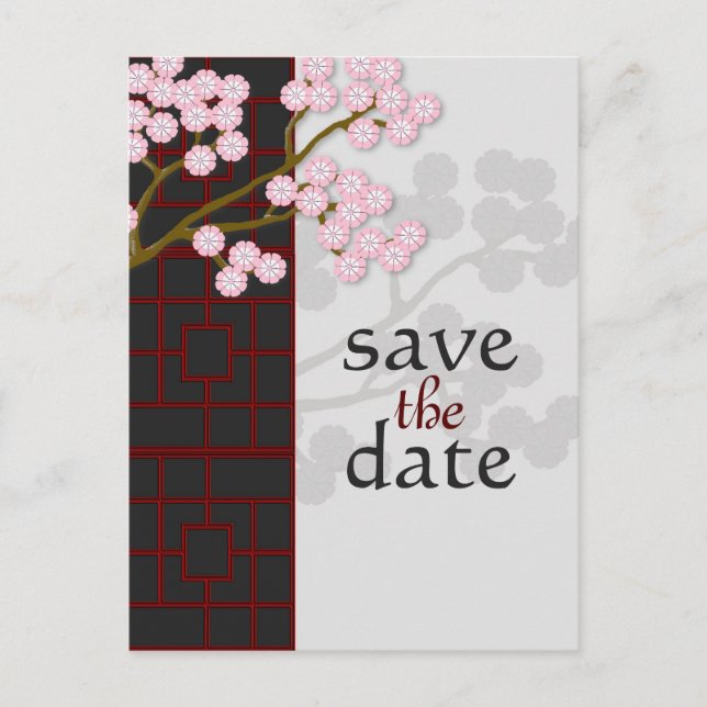 Japanese Screen and Blooms Save the Date Postcard (Front)