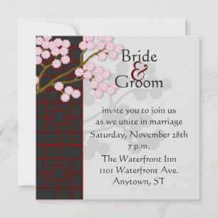 Japanese Screen & Pink Blossoms Wedding Invitation