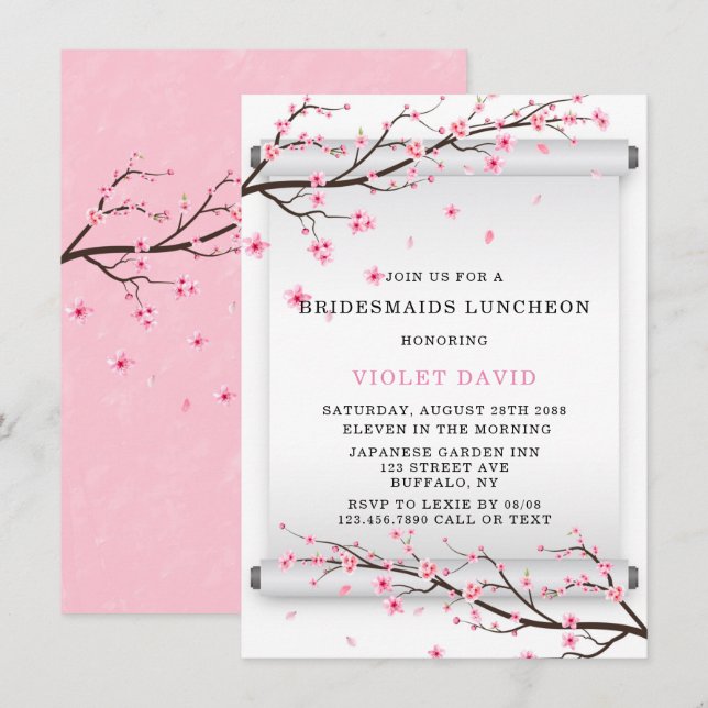 Japanese Scroll Cherry Blossom Bridesmaids Lunch Invitation (Front/Back)