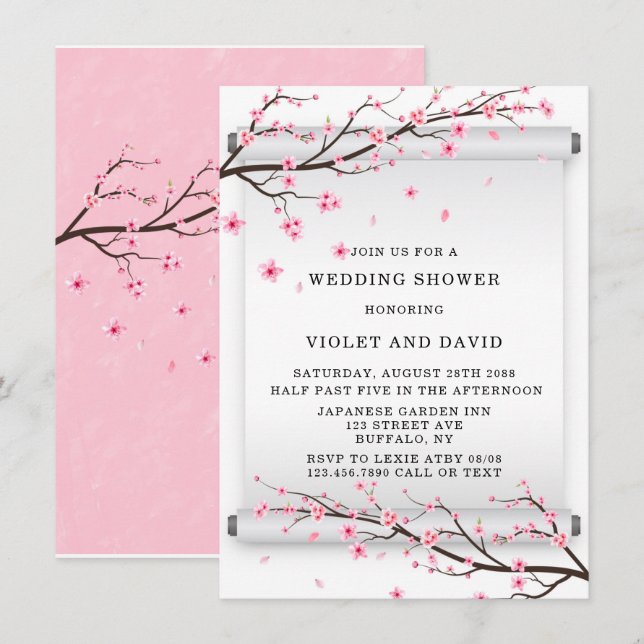 Japanese Scroll Cherry Blossom Tree Wedding Shower Invitation (Front/Back)