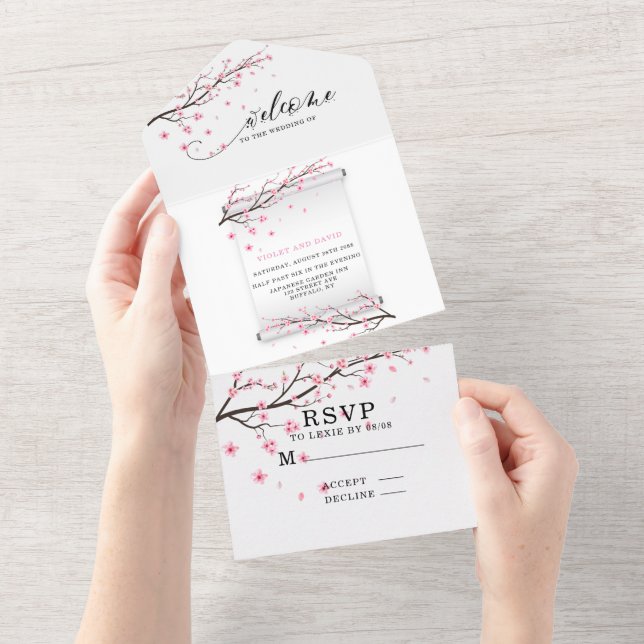 Japanese Scroll Cherry Blossom Wedding All In One Invitation (Tearaway)