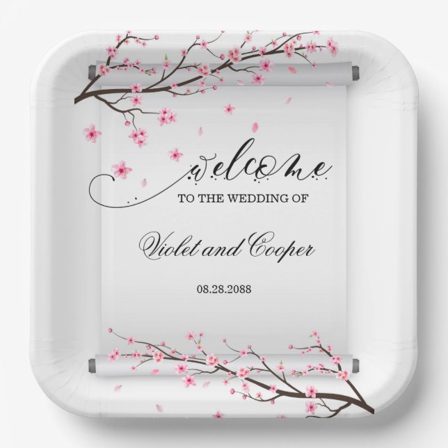 Japanese Scroll Cherry Blossom Wedding  Paper Plate (Front)