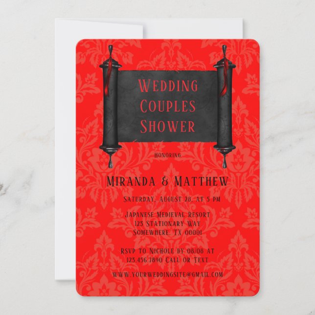 Japanese Scroll Red Black Damask Wedding Couples Invitation (Front)