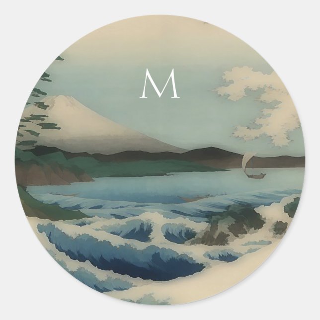 Japanese  sea view  -monogrammed classic round sticker (Front)