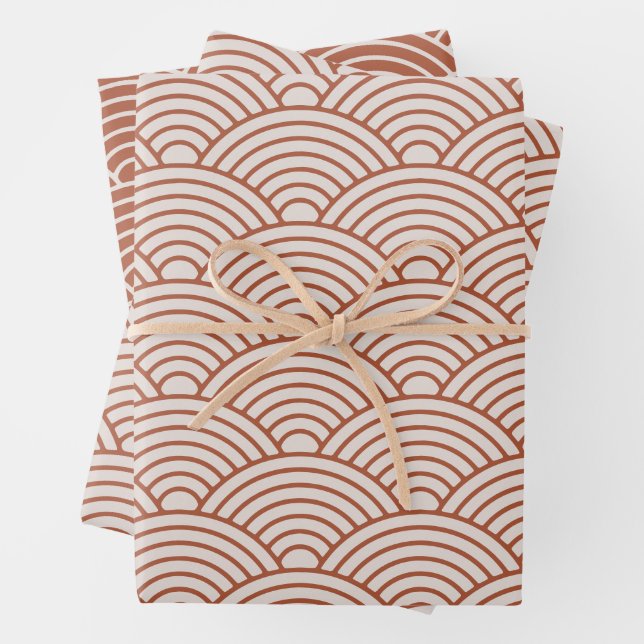 Japanese Seigaiha Wave | Boho Terracotta Brown Wrapping Paper Sheet (In situ)