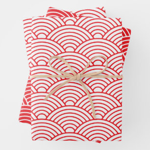 Japanese Seigaiha Wave Red and White Wrapping Paper Sheet