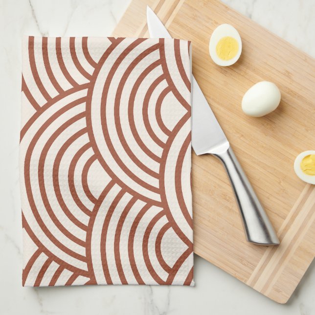 Japanese Seigaiha Wave Rust Terracotta Tea Towel (Quarter Fold)