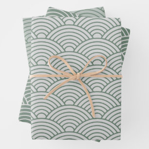 Japanese Seigaiha Wave Sage green and Gray Wrapping Paper Sheet