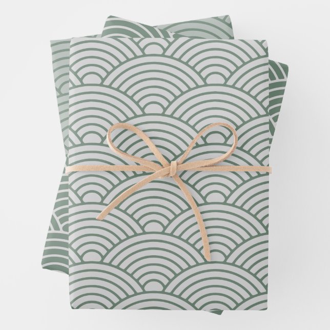 Japanese Seigaiha Wave | Sage green and Grey Wrapping Paper Sheet (In situ)