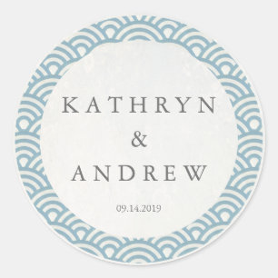 Japanese Seigaiha Waves Custom Names+Date Wedding Classic Round Sticker
