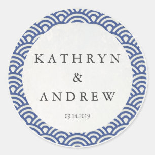 Japanese Seigaiha Waves Custom Names+Date Wedding Classic Round Sticker