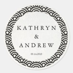 Japanese Seigaiha Waves Custom Names+Date Wedding Classic Round Sticker