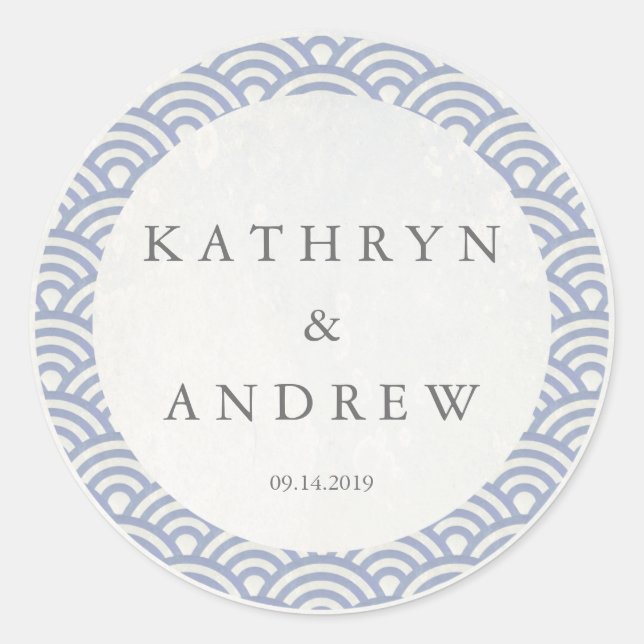 Japanese Seigaiha Waves Custom Names+Date Wedding Classic Round Sticker (Front)