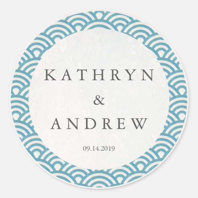 Japanese Seigaiha Waves Custom Names+Date Wedding Classic Round Sticker (Front)