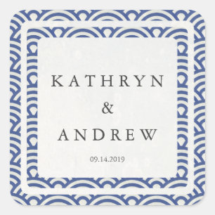 Japanese Seigaiha Waves Custom Names+Date Wedding Square Sticker