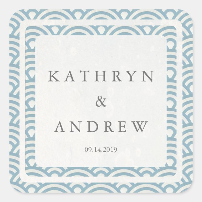 Japanese Seigaiha Waves Custom Names+Date Wedding Square Sticker (Front)