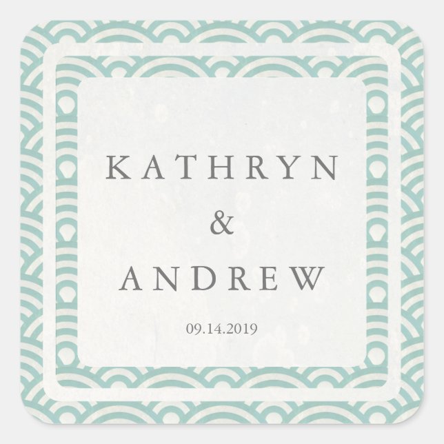 Japanese Seigaiha Waves Custom Names+Date Wedding Square Sticker (Front)