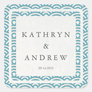 Japanese Seigaiha Waves Custom Names+Date Wedding Square Sticker