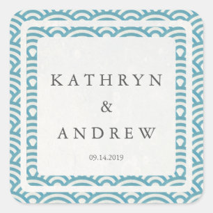 Japanese Seigaiha Waves Custom Names+Date Wedding Square Sticker