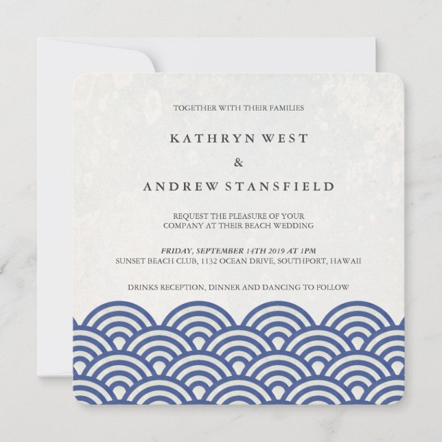 Japanese Seigaiha Waves Elegant Beach Wedding Invitation (Front)