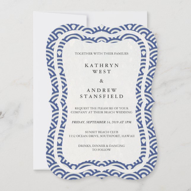 Japanese Seigaiha Waves Elegant Beach Wedding Invitation (Front)