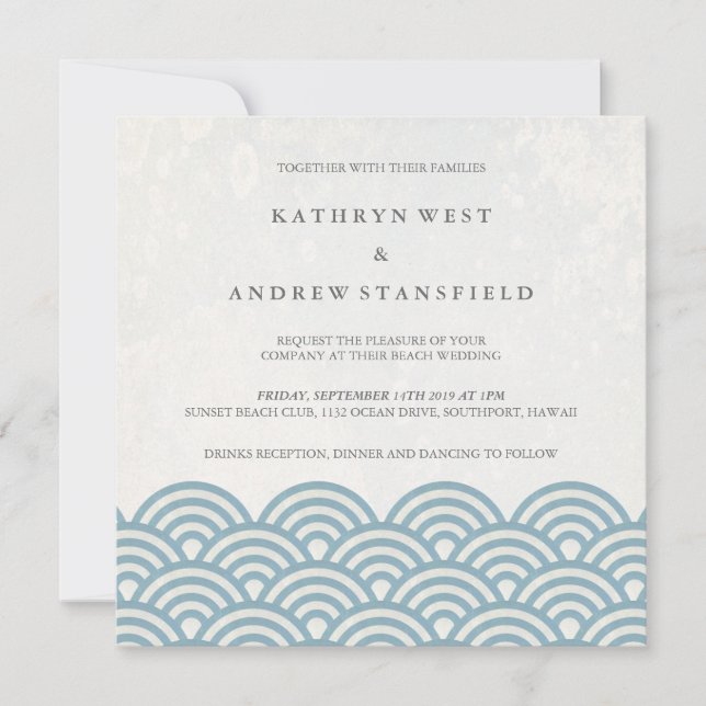 Japanese Seigaiha Waves Elegant Beach Wedding Invitation (Front)