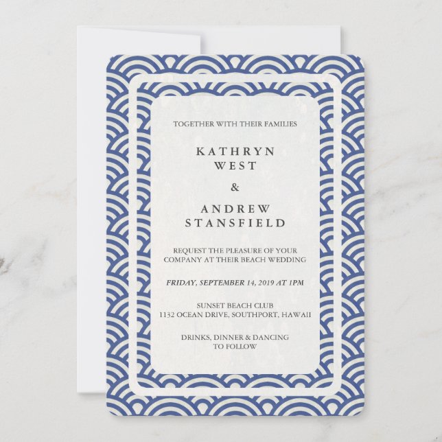 Japanese Seigaiha Waves Elegant Beach Wedding Invitation (Front)