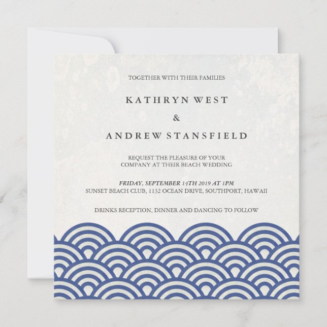 Japanese Seigaiha Waves Elegant Beach Wedding Invitation (Front)